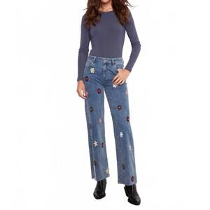 NEW CHARLIE B wide leg jeans with all over flower patches in medium blue